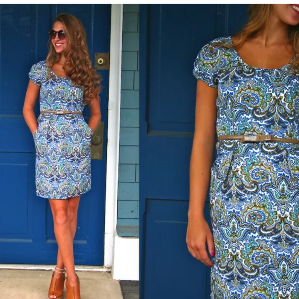 J. Crew peacock paisley print turquoise and blue cotton&silk sheath dress size10
